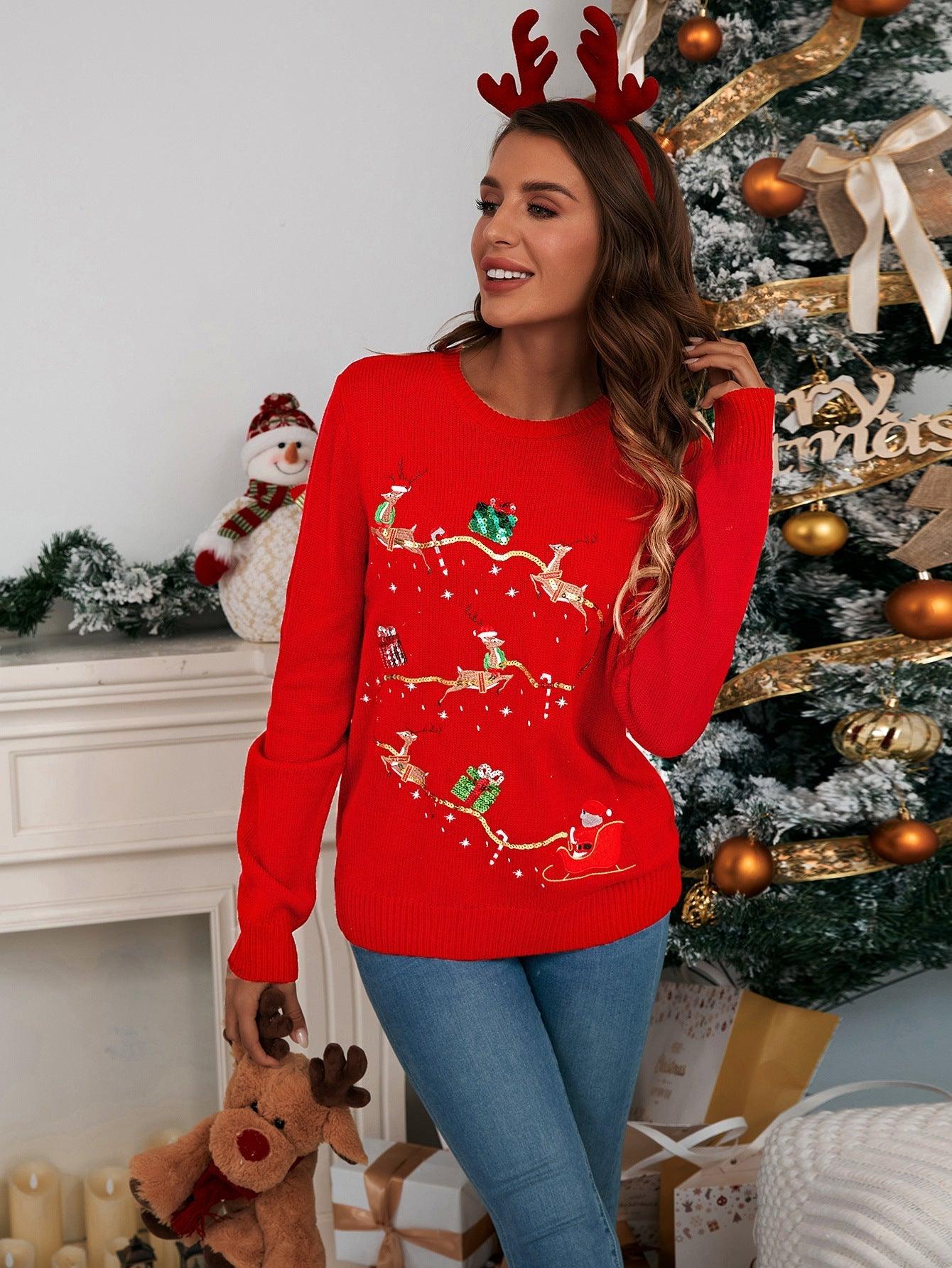 Women’s Embroidered Reindeer Astricos Christmas Sweater - Adorable Cozy Knitwear for Autumn and Winter - Astricos