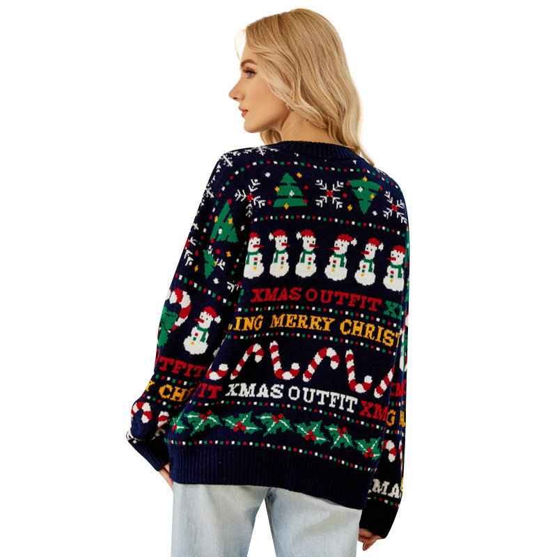 Women's Festive Loose Fit Sequin Snowman Christmas Tree Sweater - Astricos Crewneck Knit Pullover for Chilly Days - Astricos