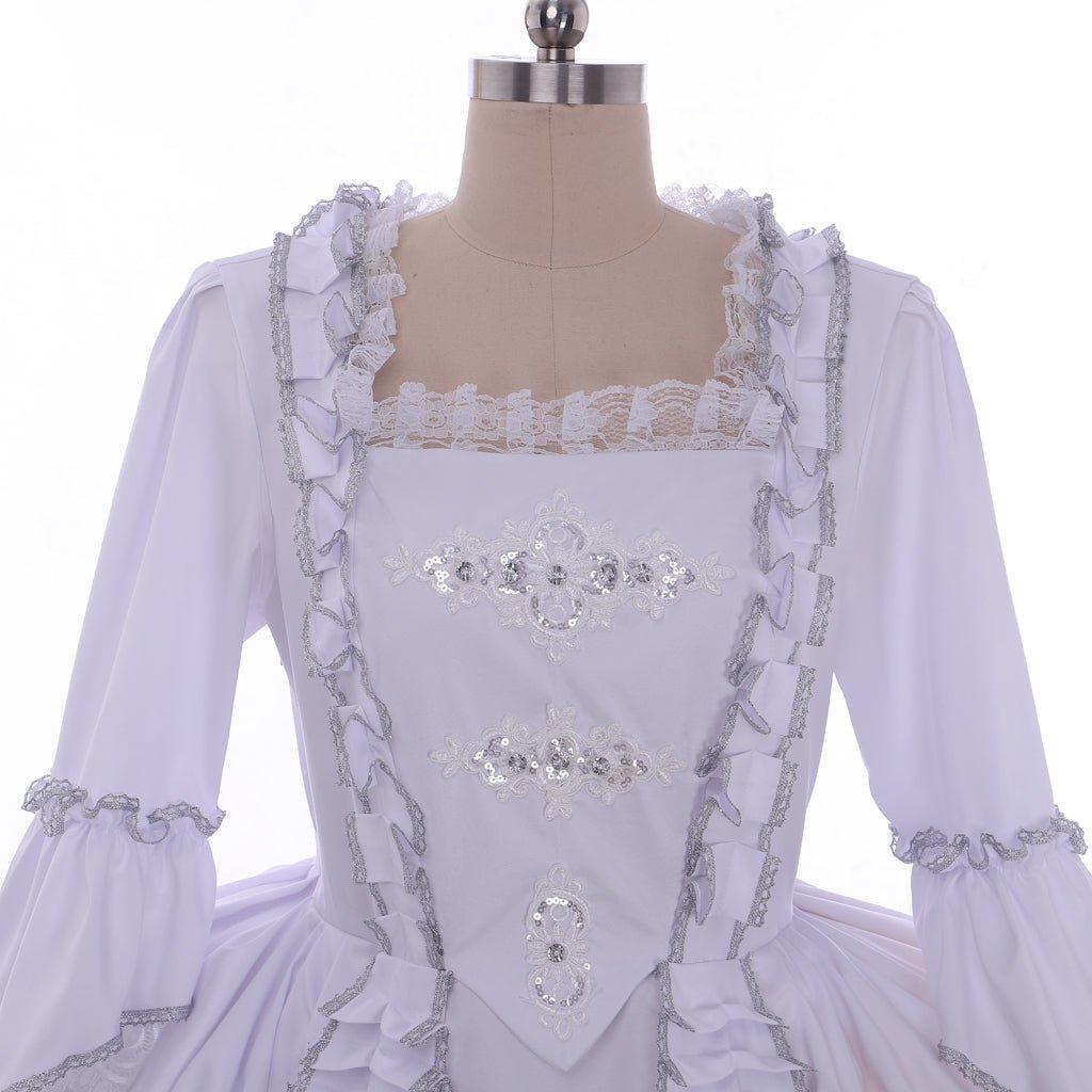 Women's 18th Century Marie Antoinette Inspired Cosplay Ball Gown | Authentic Rococo White Ruffle Dress - Astricos