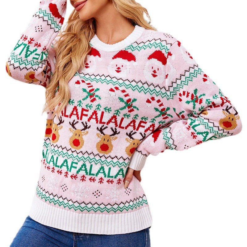 Women’s Pink Astricos Knitted Christmas Sweater – Long Sleeve Pullover for Winter Elegance - Astricos