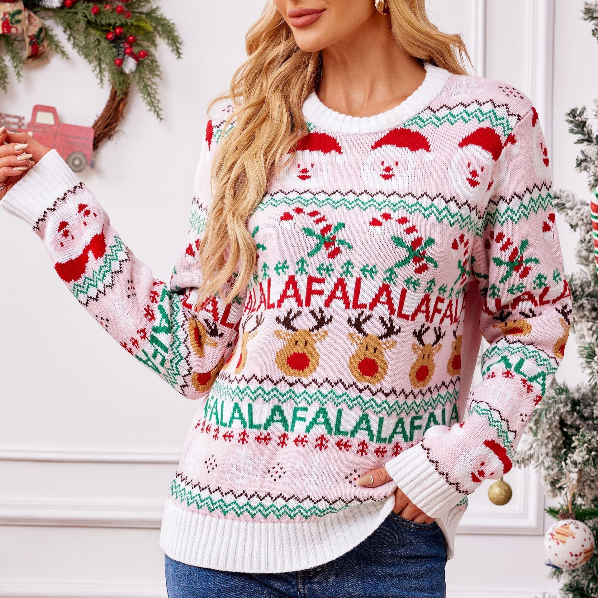 Women’s Pink Astricos Knitted Christmas Sweater – Long Sleeve Pullover for Winter Elegance - Astricos